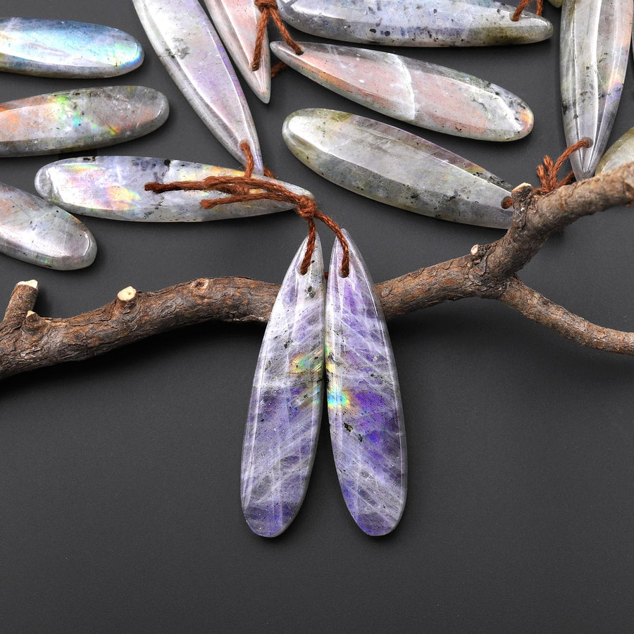 Natural Rainbow Labradorite Smooth Teardrop Earrings Drilled Matched Gemstone Bead Pair