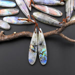 Natural Rainbow Labradorite Smooth Teardrop Earrings Drilled Matched Gemstone Bead Pair