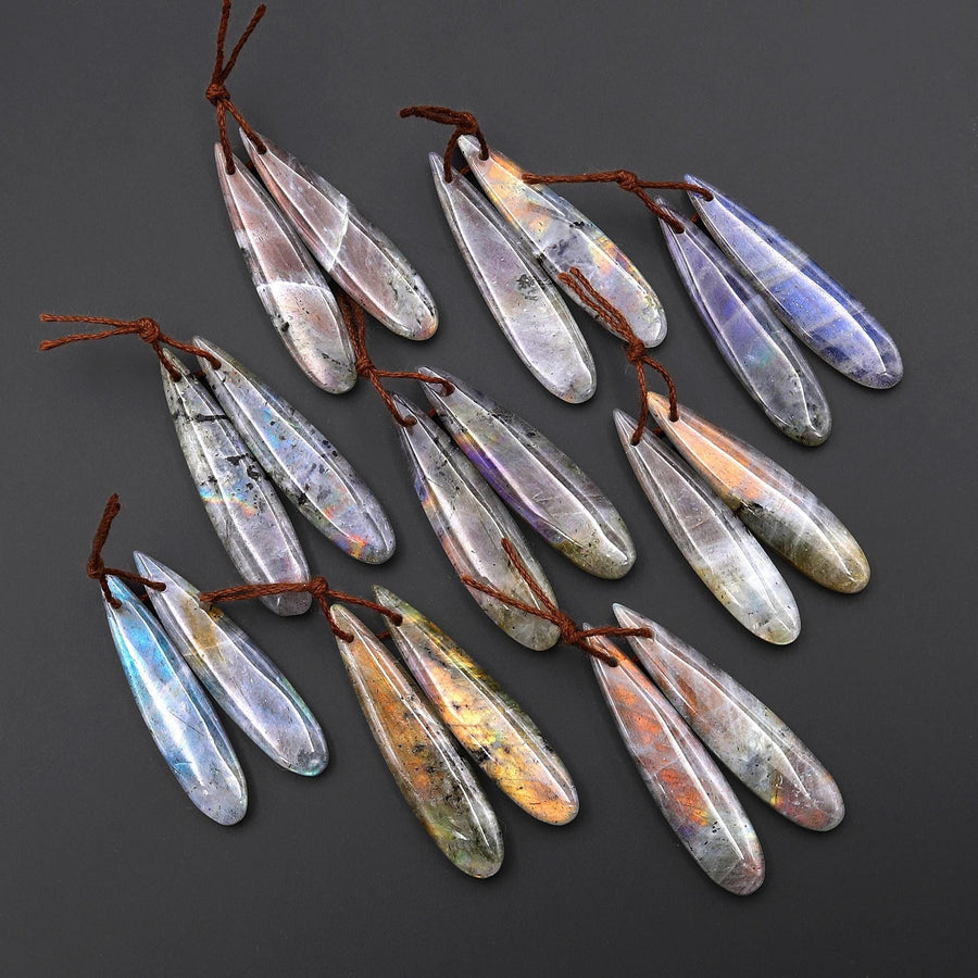 Natural Rainbow Labradorite Smooth Teardrop Earrings Drilled Matched Gemstone Bead Pair