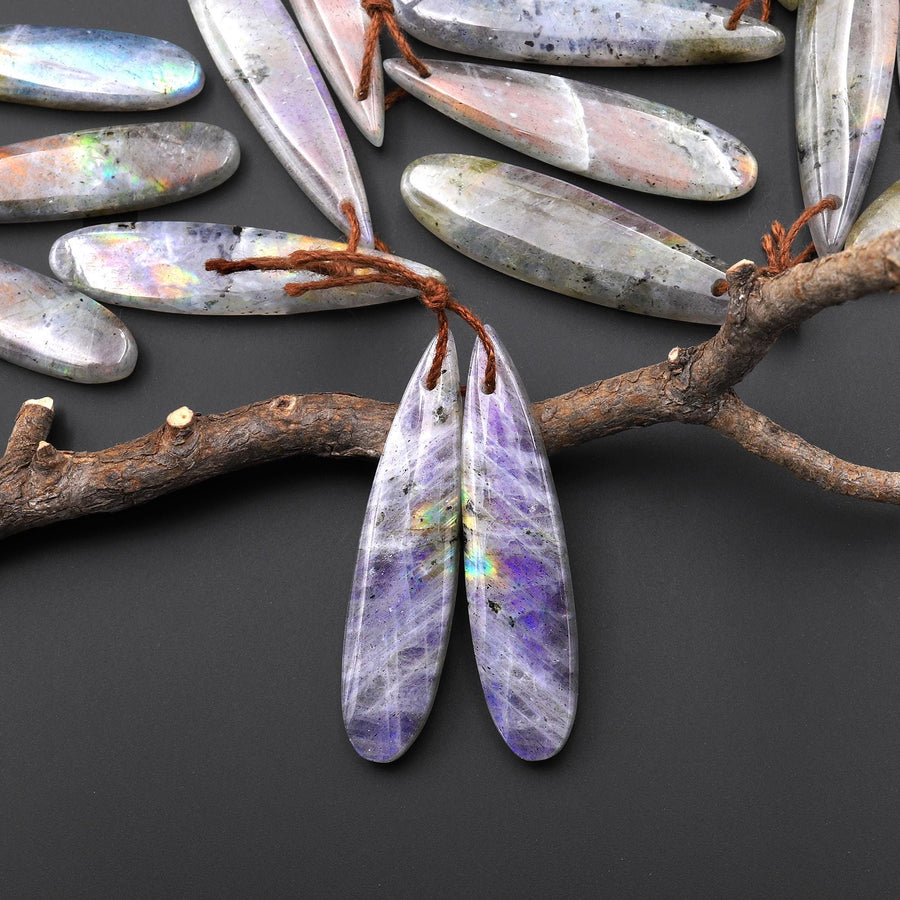 Natural Purple Labradorite Smooth Teardrop Earrings Drilled Matched Gemstone Bead Pair A1