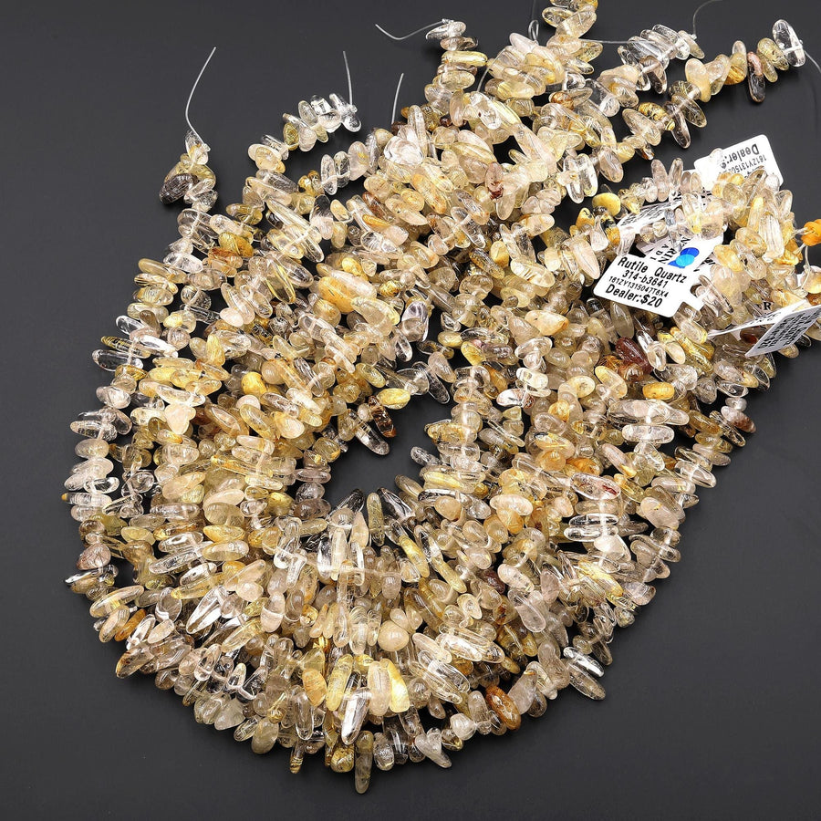 Natural Golden Rutilated Quartz Freeform Top Side Drilled Spike Beads 15.5" Strand