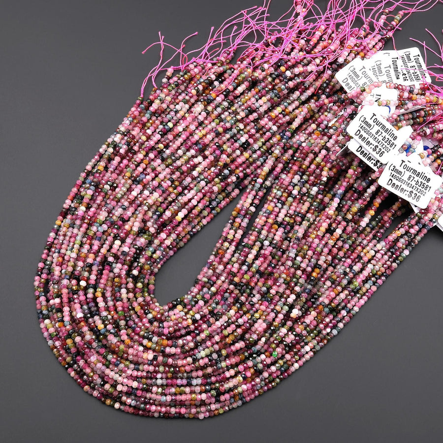 Natural Multicolor Watermelon Tourmaline Micro Faceted 3mm 4mm Rondelle Beads Pink Green Gemstone 15.5" Strand