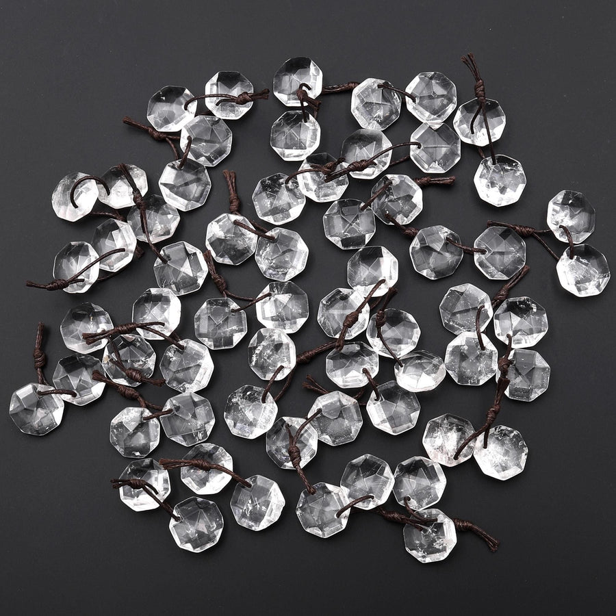 AAA Natural Rock Crystal Quartz Faceted Geometric Round Octagon Coin Disc 12mm Earring Pair Matched Gemstones