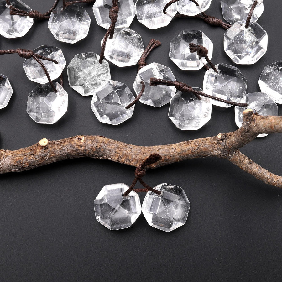 AAA Natural Rock Crystal Quartz Faceted Geometric Round Octagon Coin Disc 12mm Earring Pair Matched Gemstones