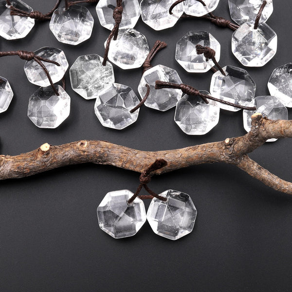 AAA Natural Rock Crystal Quartz Faceted Geometric Round Octagon Coin Disc 12mm Earring Pair Matched Gemstones