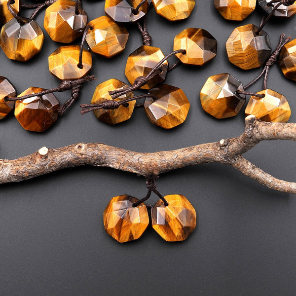 AAA Natural Tiger's Eye Faceted Geometric Round Octagon Coin Disc 12mm Earring Pair Matched Gemstones A1