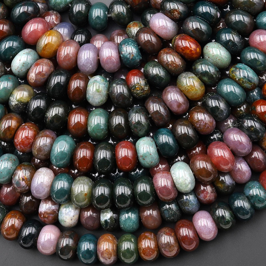 AAA Natural Indian Agate 10x6mm Smooth Rondelle Beads Forest Green Mauve Red Aka Fancy Jasper 15.5" Strand