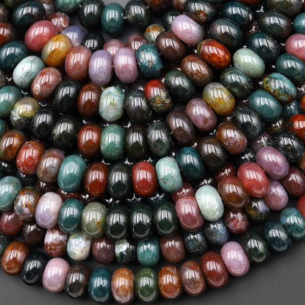 AAA Natural Indian Agate 10x6mm Smooth Rondelle Beads Forest Green Mauve Red Aka Fancy Jasper 15.5" Strand