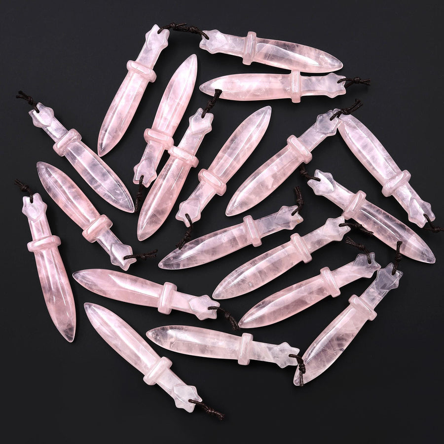 Natural Pink Rose Quartz Sword Pendant Drilled Focal Stone Bead