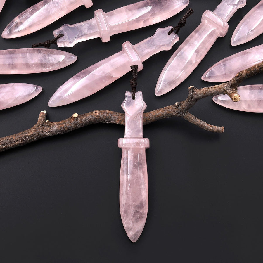 Natural Pink Rose Quartz Sword Pendant Drilled Focal Stone Bead