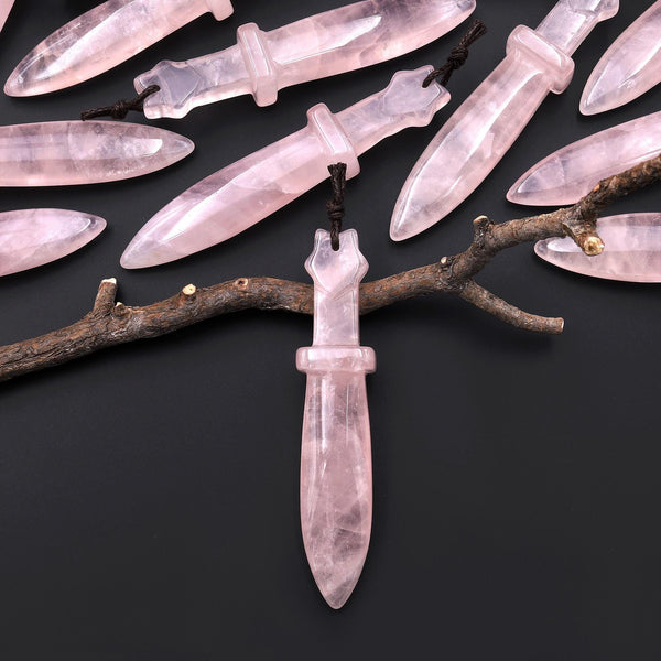Natural Pink Rose Quartz Sword Pendant Drilled Focal Stone Bead