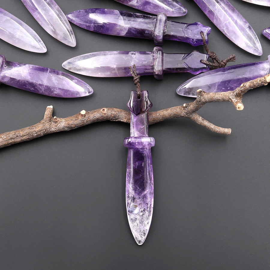 Natural Purple Amethyst Sword Pendant Drilled Focal Gemstone Bead