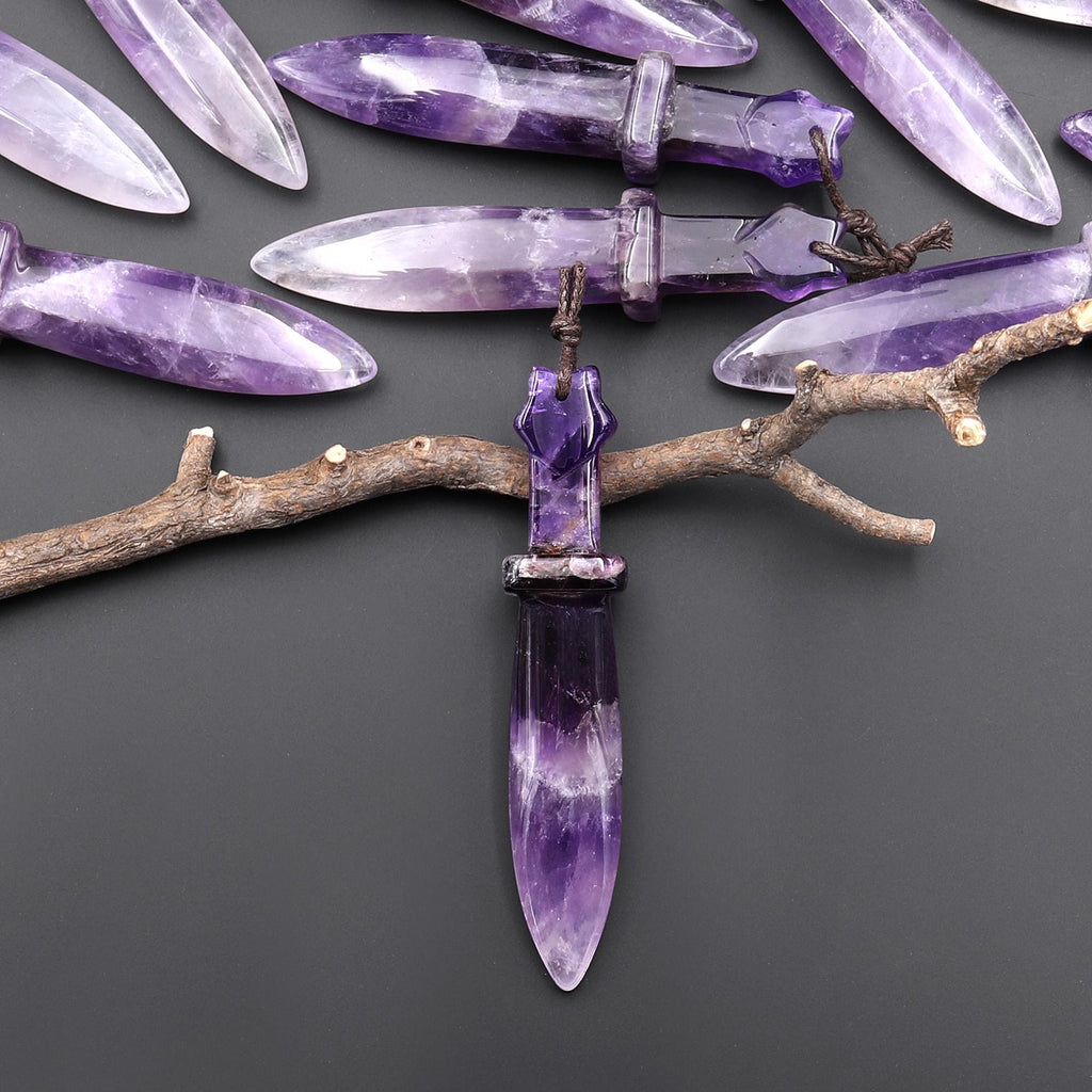 Natural Purple Amethyst Sword Pendant Drilled Focal Gemstone Bead A2