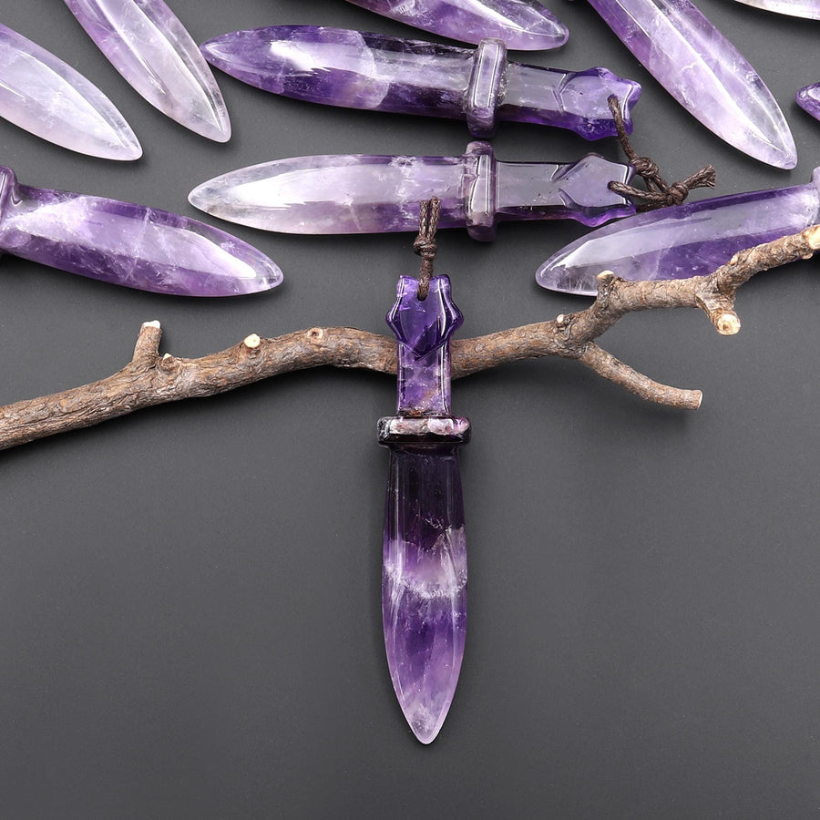 Natural Purple Amethyst Sword Pendant Drilled Focal Gemstone Bead A2