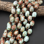 Tibetan Dragon Agate Barrel 18x15mm Beads Aqua Blue Green Golden Brown 13.5" Strand
