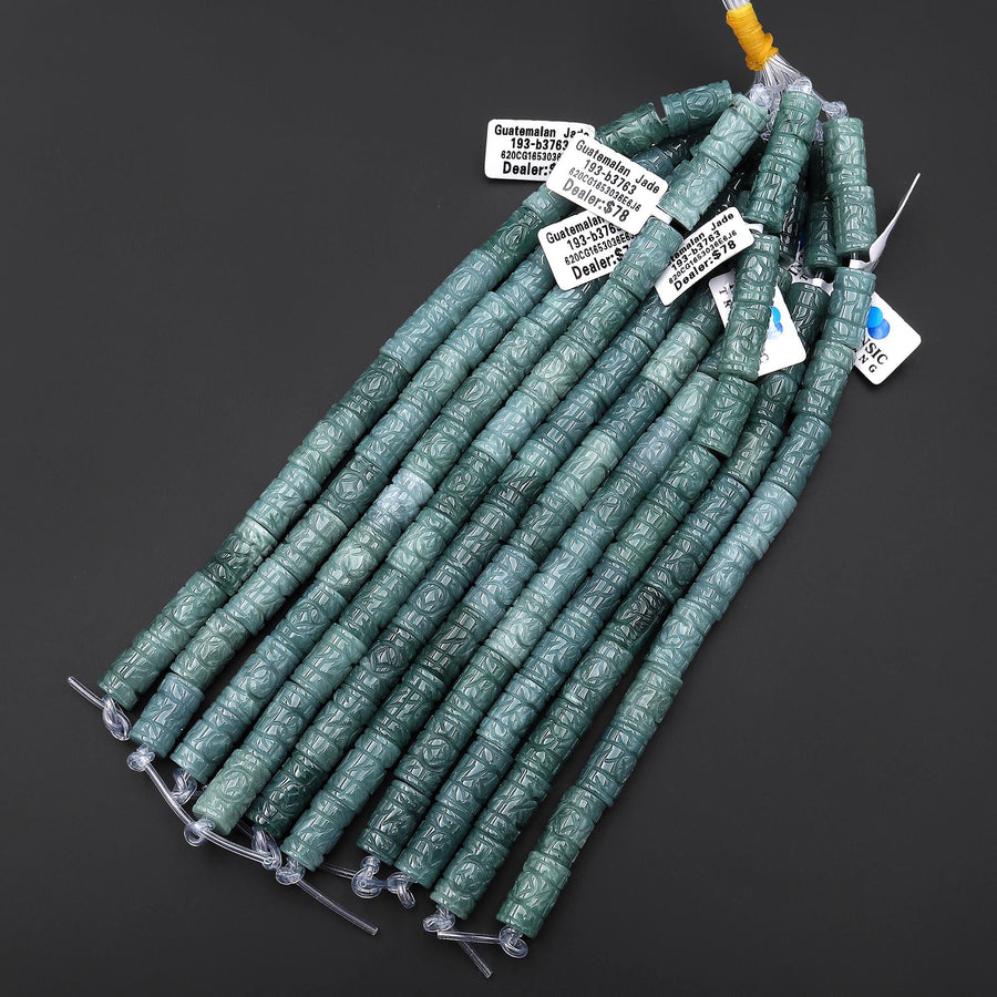 AAA Large 3mm Drill Hole Beads Hand Carved Natural Guatemalan Light Blue Green Jade Decorative Tube Good for Leather Cord 8" Strand
