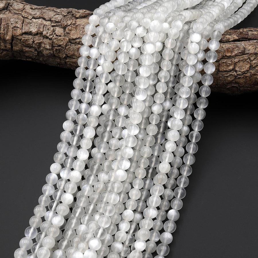 AAA+ Chatoyant Translucent Natural Silvery White Moonstone 4mm 6mm 8mm Round Beads 15.5" Strand