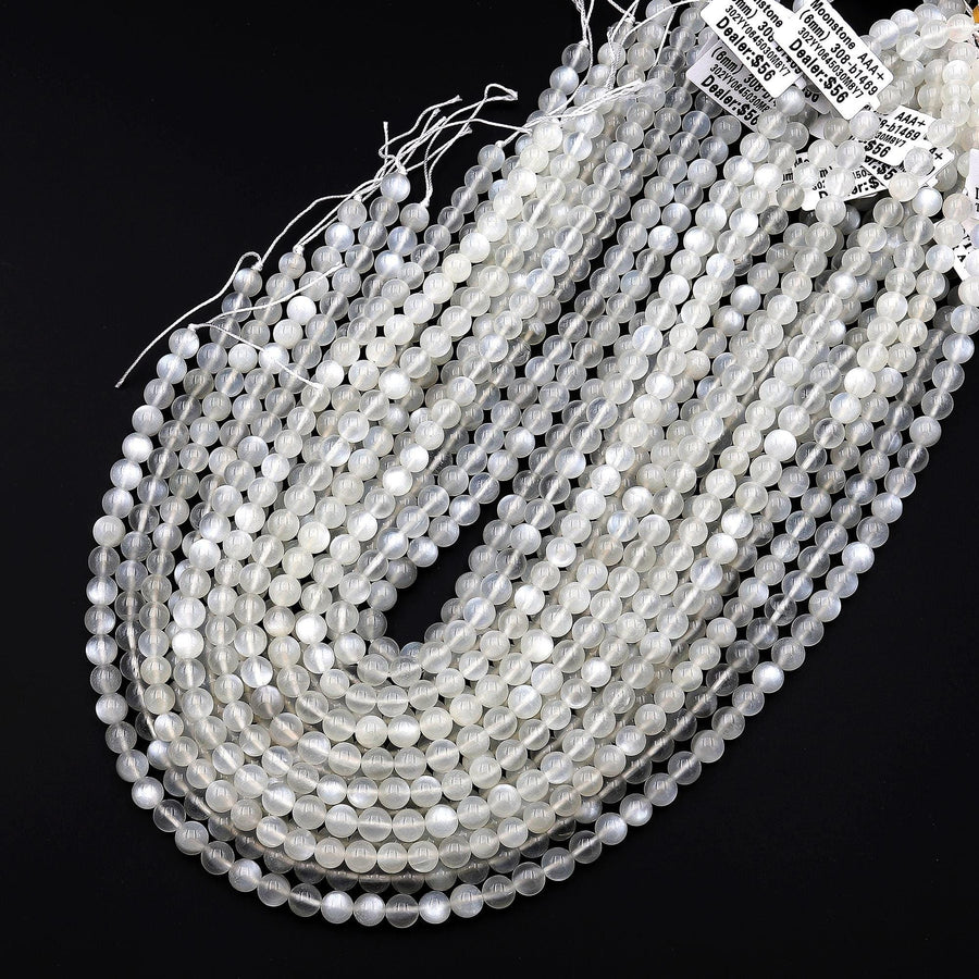 AAA+ Chatoyant Translucent Natural Silvery White Moonstone 4mm 6mm 8mm Round Beads 15.5" Strand