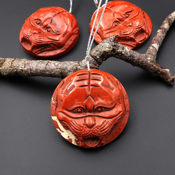 Hand Carved Natural Red Jasper Tiger Head Pendant Gemstone Focal Bead