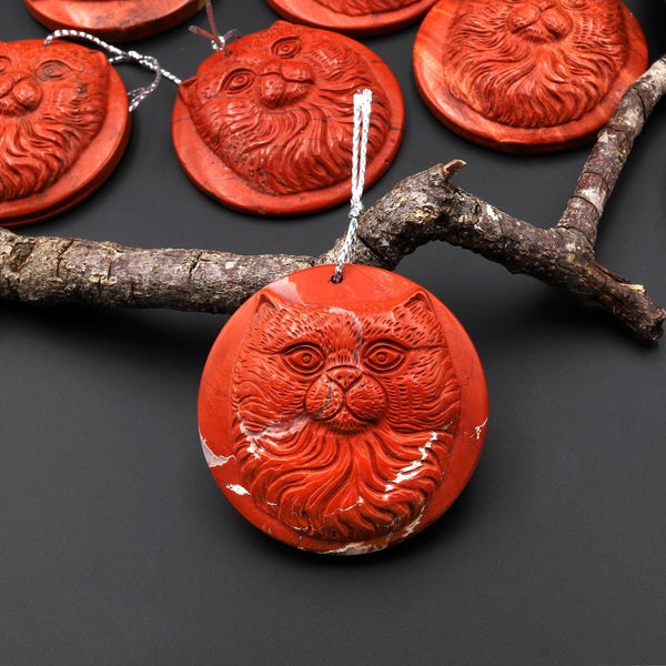 Hand Carved Natural Red Jasper Cat Pendant Gemstone Focal Bead