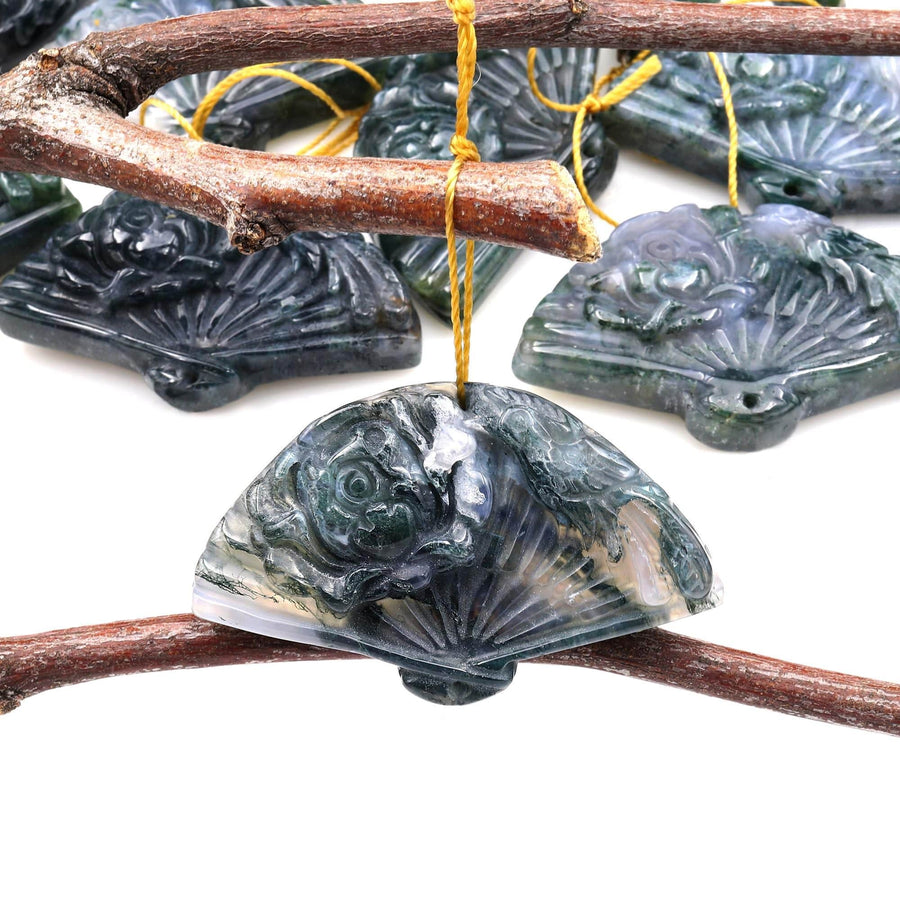Hand Carved Natural Green Moss Agate Gemstone Flower Fan Pendant