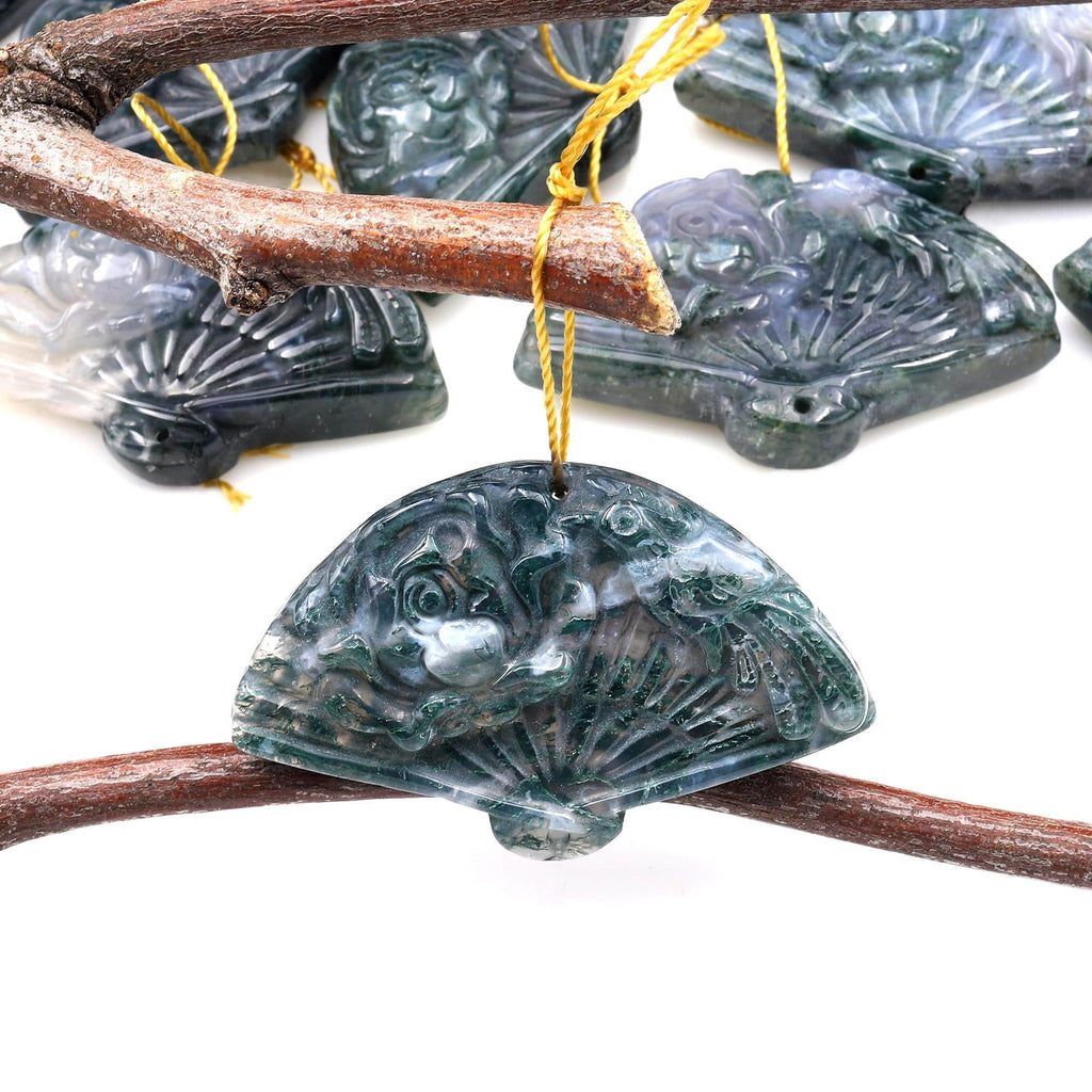 Hand Carved Natural Green Moss Agate Gemstone Flower Fan Pendant