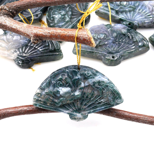 Hand Carved Natural Green Moss Agate Gemstone Flower Fan Pendant