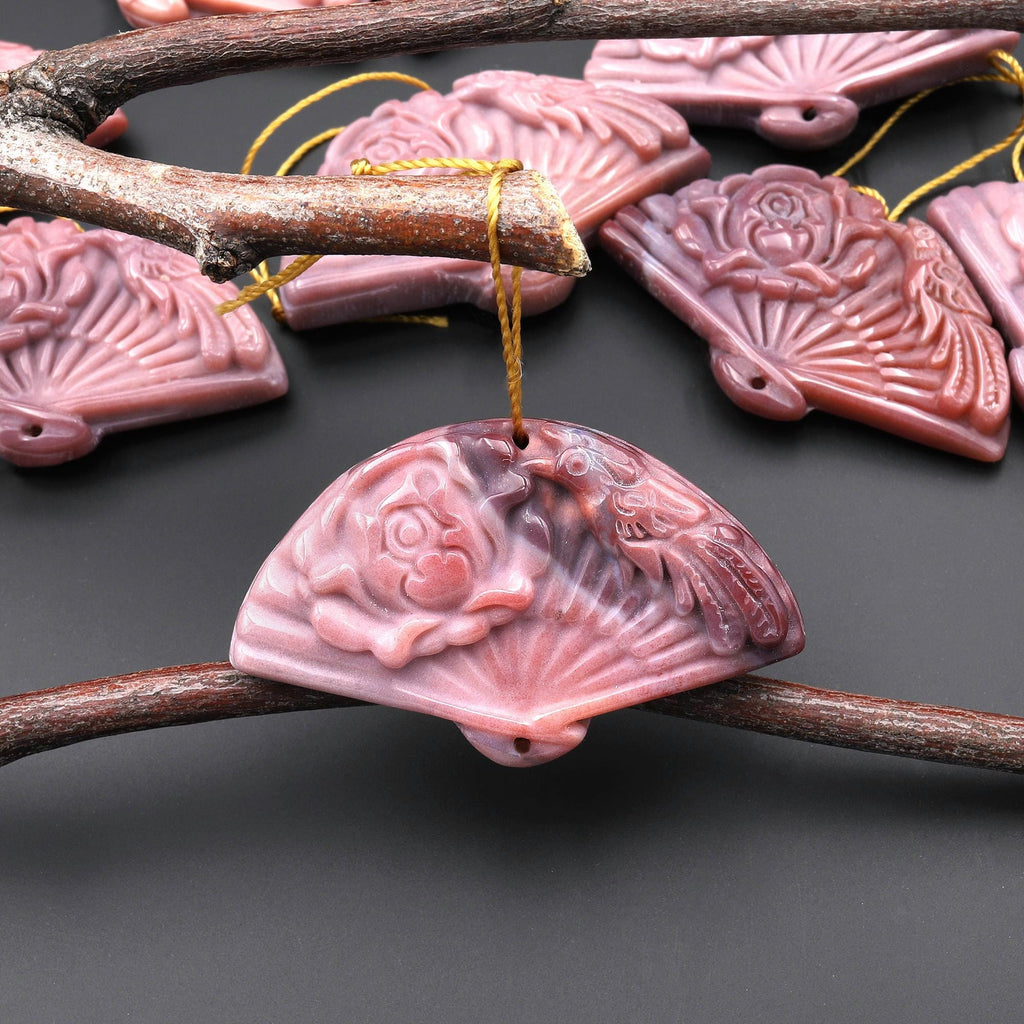 Hand Carved Natural Mauve Pink Indian Agate Gemstone Flower Fan Pendant