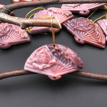 Hand Carved Natural Mauve Pink Indian Agate Gemstone Flower Fan Pendant
