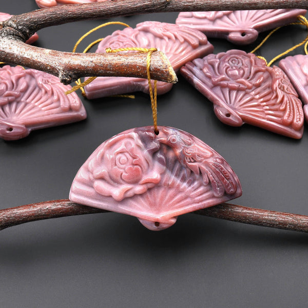Hand Carved Natural Mauve Pink Indian Agate Gemstone Flower Fan Pendant