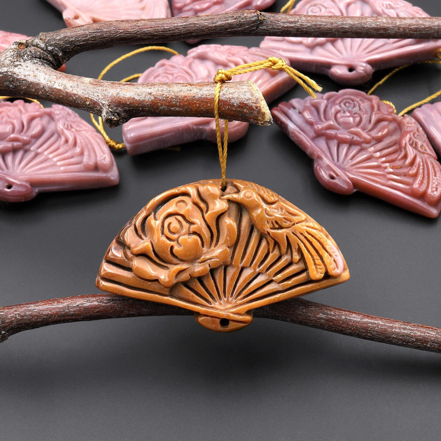 Hand Carved Natural Brown Yellow Indian Agate Gemstone Flower Fan Pendant A3