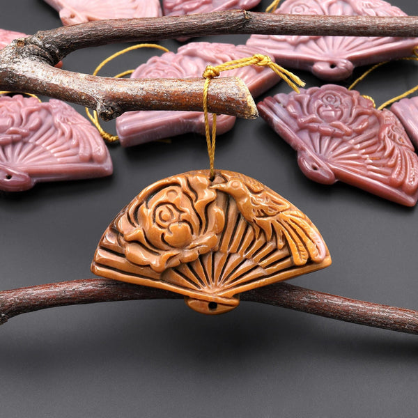 Hand Carved Natural Brown Yellow Indian Agate Gemstone Flower Fan Pendant A3
