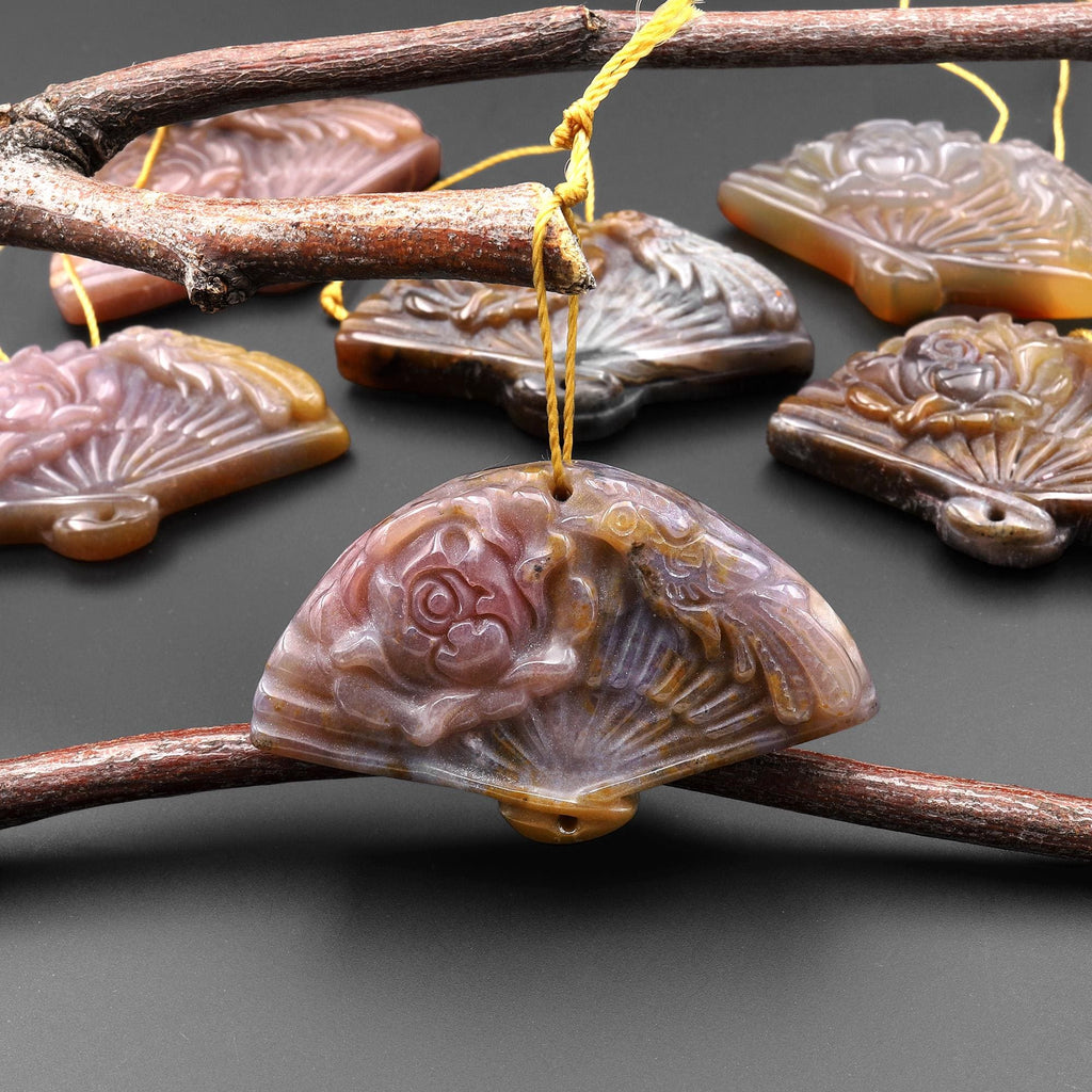 Hand Carved Natural Translucent Pink Brown Indian Agate Gemstone Flower Fan Pendant A1