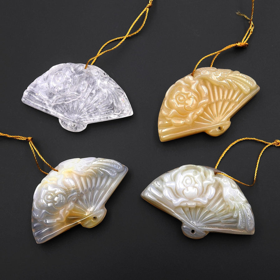 Hand Made Natural Translucent Yellow Agate Gemstone Flower Fan Pendant