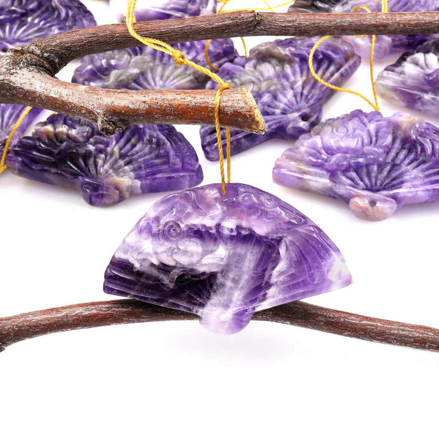 Hand Carved Natural Purple Amethyst Gemstone Flower Fan Pendant