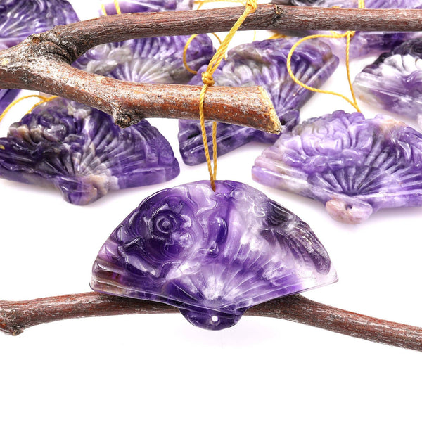Hand Carved Natural Purple Amethyst Gemstone Flower Fan Pendant