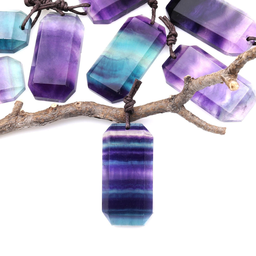 AAA Natural Rainbow Fluorite Faceted Rectangle Tile Pendant Side Drilled Gemstone