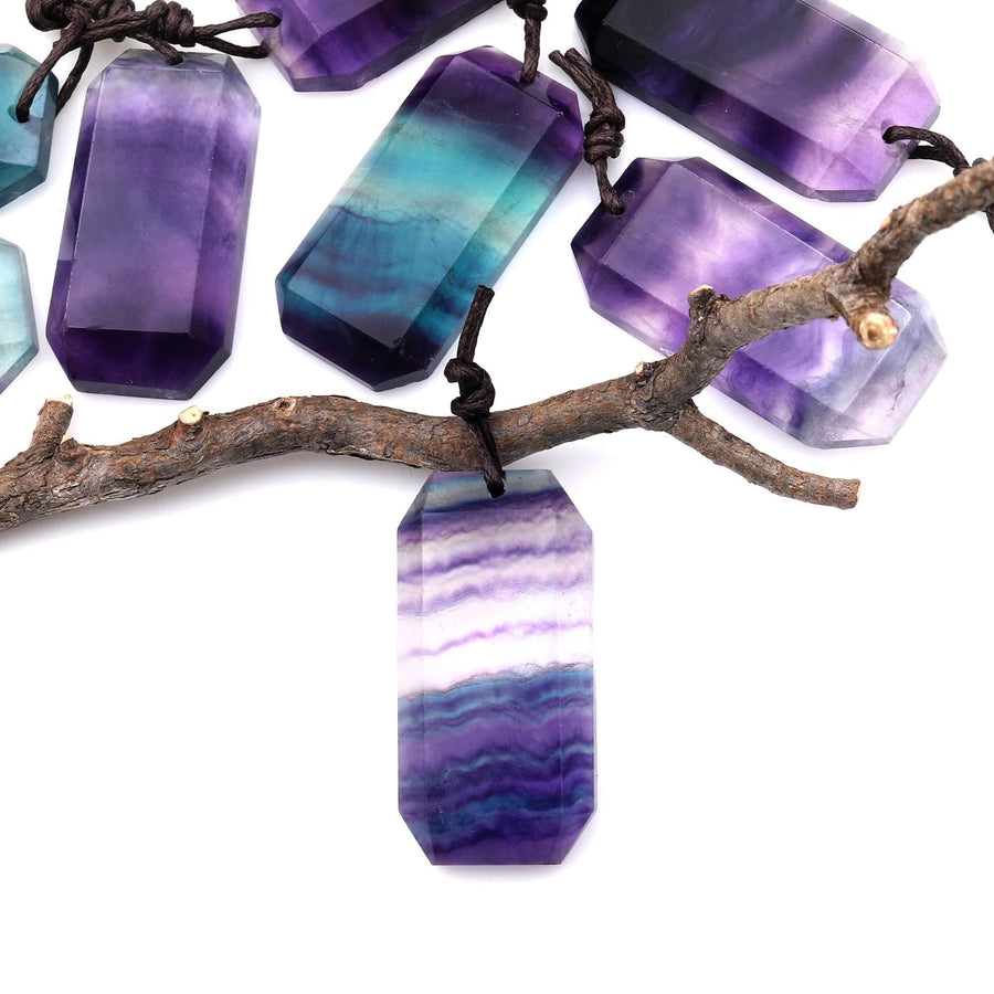 AAA Natural Rainbow Fluorite Faceted Rectangle Tile Pendant Side Drilled Gemstone