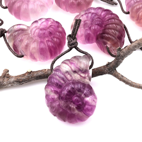 AAA Hand Carved Natural Candy Fluorite Mauve Pink Ammonite Pendant