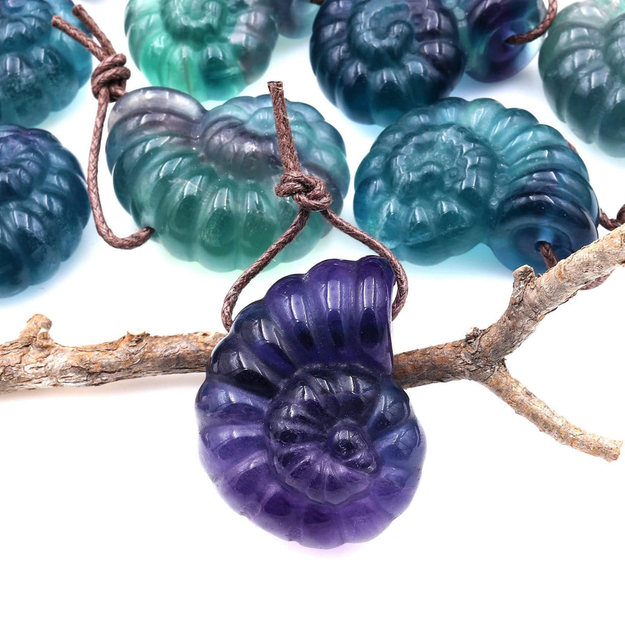 AAA Hand Carved Natural Candy Fluorite Deep Blue Green Purple Ammonite Pendant
