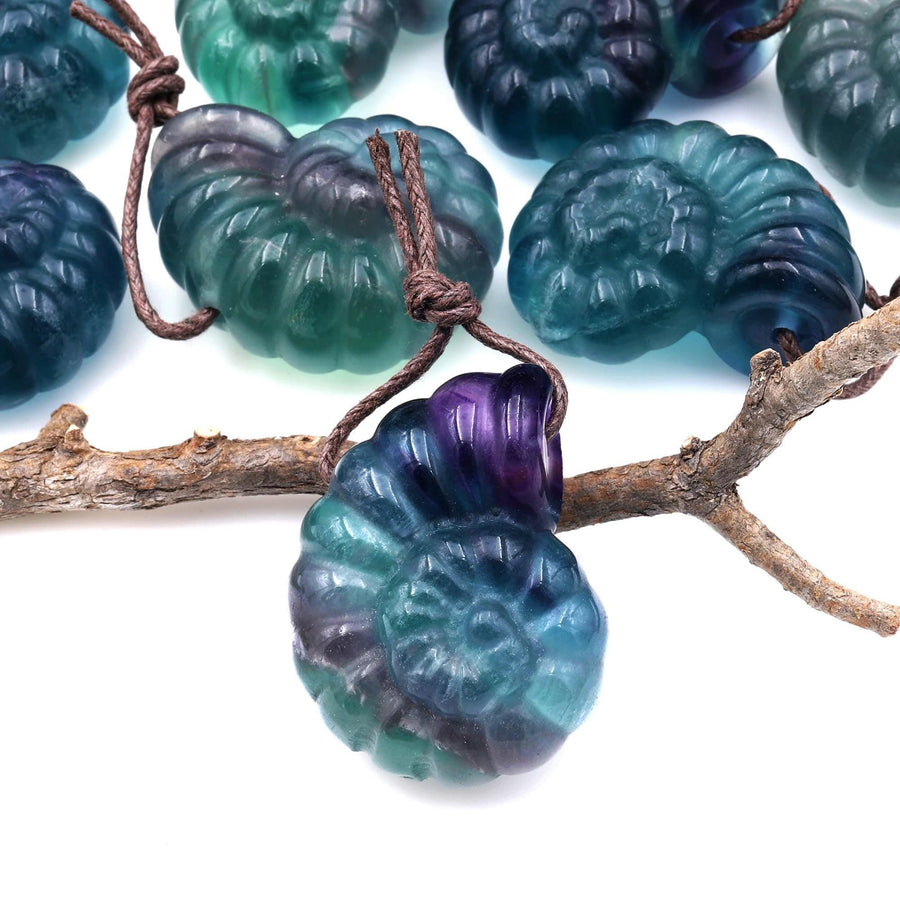 AAA Hand Carved Natural Candy Fluorite Deep Blue Green Purple Ammonite Pendant