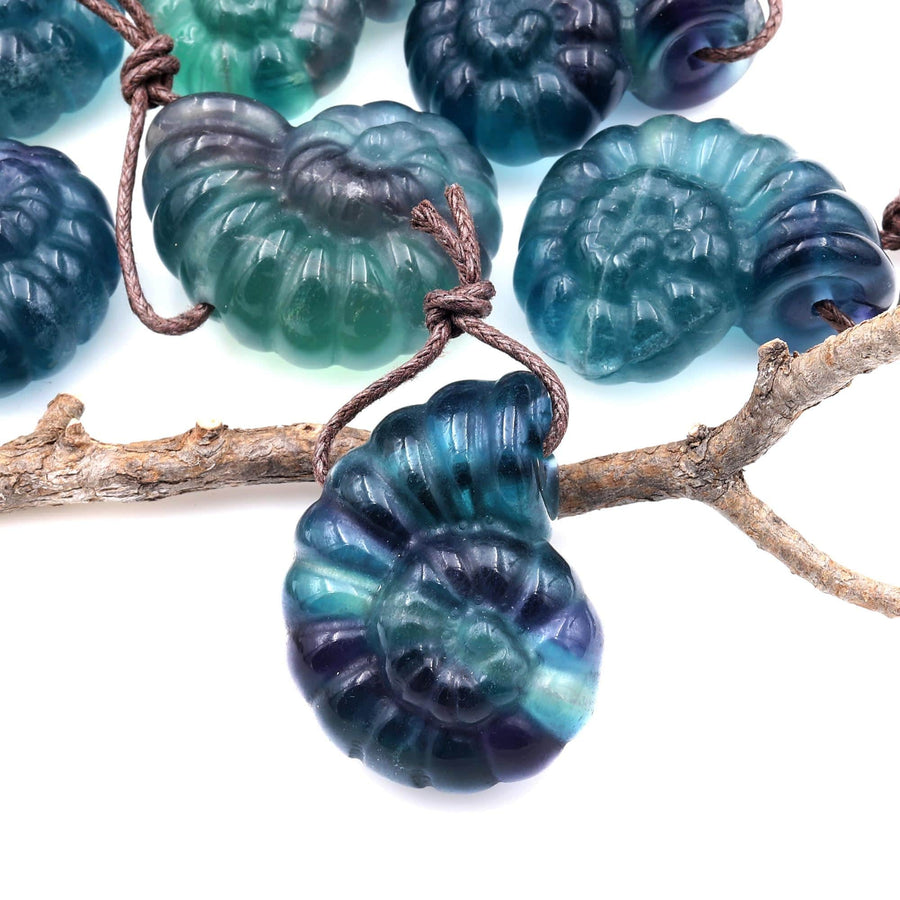 AAA Hand Carved Natural Candy Fluorite Deep Blue Green Purple Ammonite Pendant