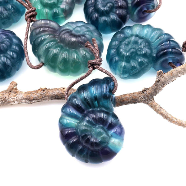 AAA Hand Carved Natural Candy Fluorite Deep Blue Green Purple Ammonite Pendant