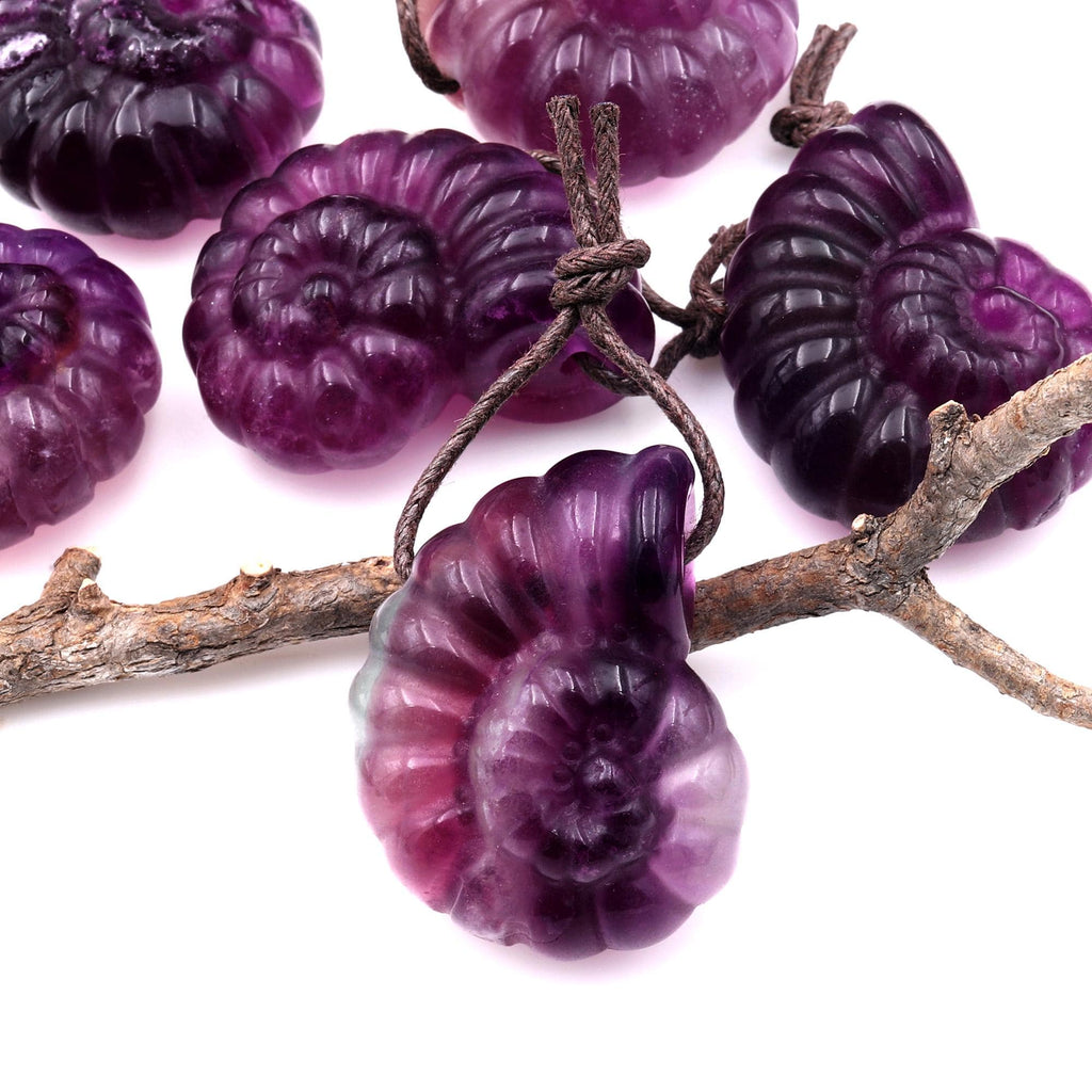 AAA Hand Carved Natural Candy Fluorite Dark Mauve Pink Ammonite Pendant