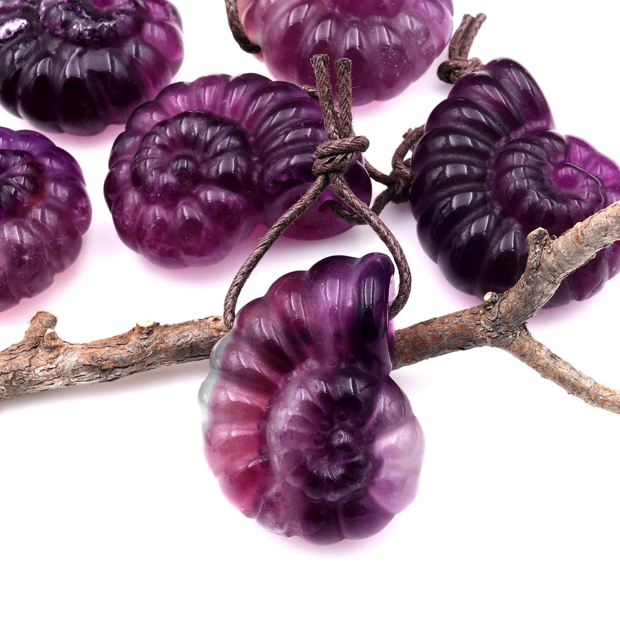 AAA Hand Carved Natural Candy Fluorite Dark Mauve Pink Ammonite Pendant