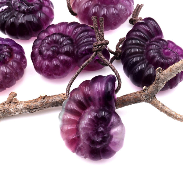 AAA Hand Carved Natural Candy Fluorite Dark Mauve Pink Ammonite Pendant