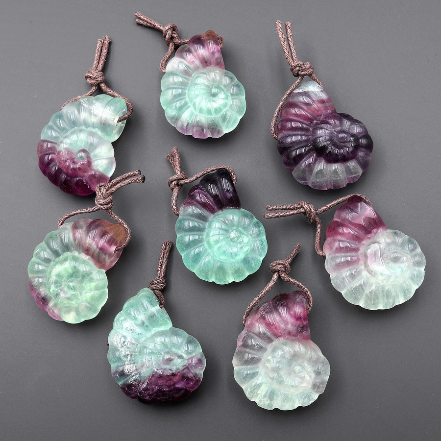 AAA Hand Carved Natural Candy Fluorite Bicolor Green Purple Ammonite Pendant