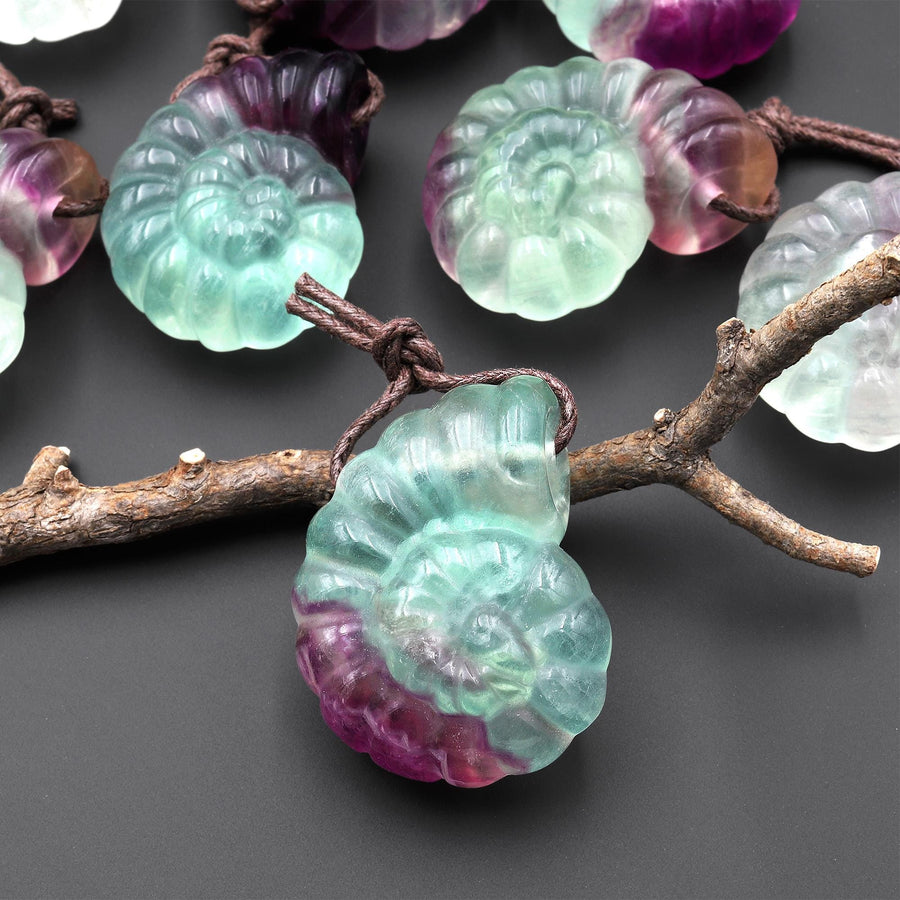 AAA Hand Carved Natural Candy Fluorite Bicolor Green Purple Ammonite Pendant