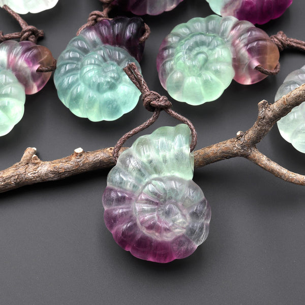 AAA Hand Carved Natural Candy Fluorite Bicolor Green Purple Ammonite Pendant