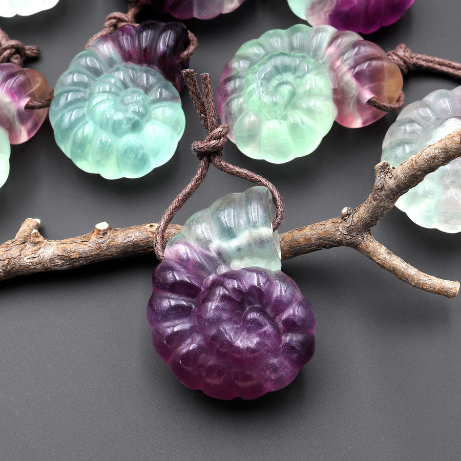 AAA Hand Carved Natural Candy Fluorite Bicolor Green Purple Ammonite Pendant